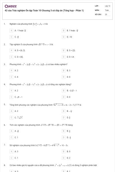 42 câu Trắc nghiệm Ôn tập Toán 10 Chương 3 có đáp án (Tổng hợp - Phần 1)