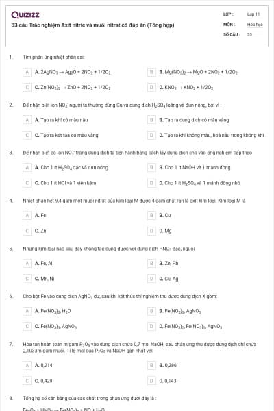 33 câu Trắc nghiệm Axit nitric và muối nitrat có đáp án (Tổng hợp)