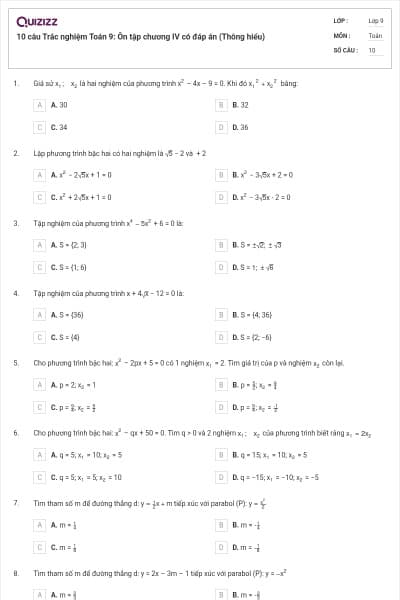 10 câu Trắc nghiệm Toán 9: Ôn tập chương IV có đáp án (Thông hiểu)