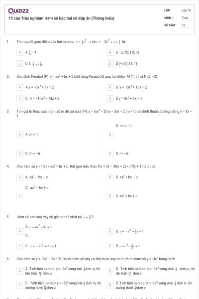 15 câu  Trắc nghiệm Hàm số bậc hai có đáp án (Thông hiểu)