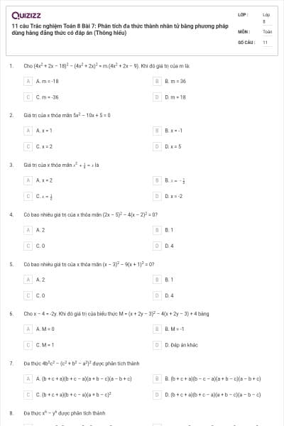 11 câu Trắc nghiệm Toán 8 Bài 7: Phân tích đa thức thành nhân tử bằng phương pháp dùng hằng đẳng thức có đáp án (Thông hiểu)
