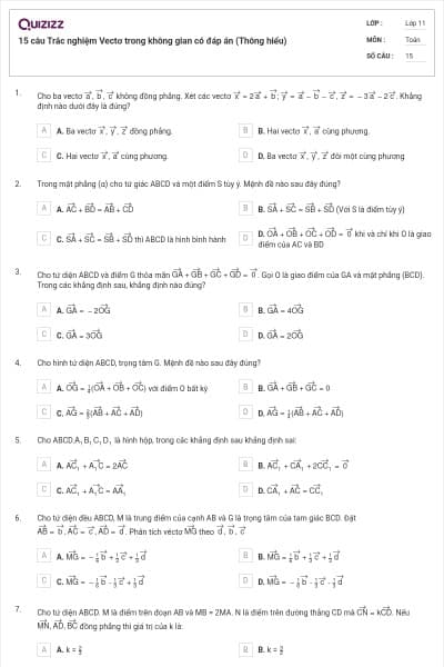 15 câu Trắc nghiệm Vectơ trong không gian có đáp án (Thông hiểu)