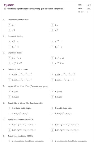 20 câu Trắc nghiệm Hệ tọa độ trong không gian có đáp án (Nhận biết)