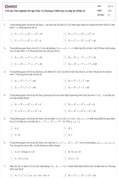124 câu Trắc nghiệm Ôn tập Toán 12 Chương 3 Hình học có đáp án (Phần 3)