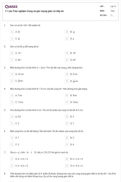 11 câu Trắc nghiệm Cung và góc lượng giác có đáp án