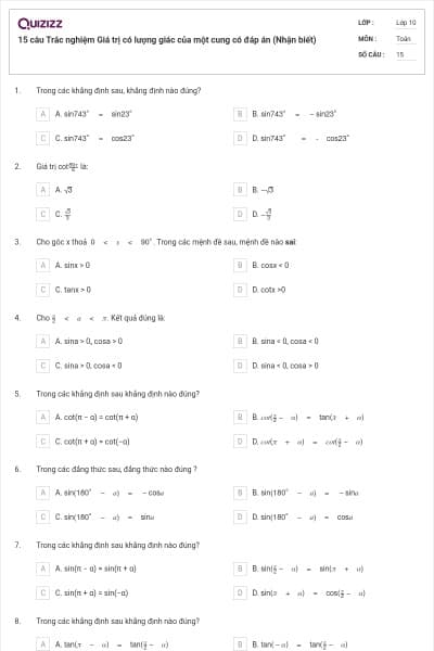 15 câu Trắc nghiệm Giá trị có lượng giác của một cung có đáp án (Nhận biết)