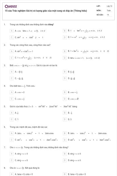 15 câu Trắc nghiệm Giá trị có lượng giác của một cung có đáp án (Thông hiểu)