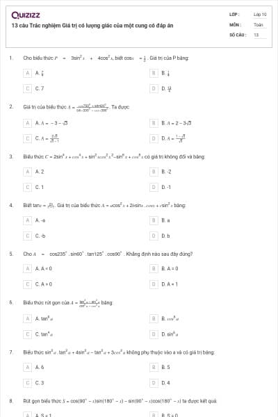 13 câu Trắc nghiệm Giá trị có lượng giác của một cung có đáp án