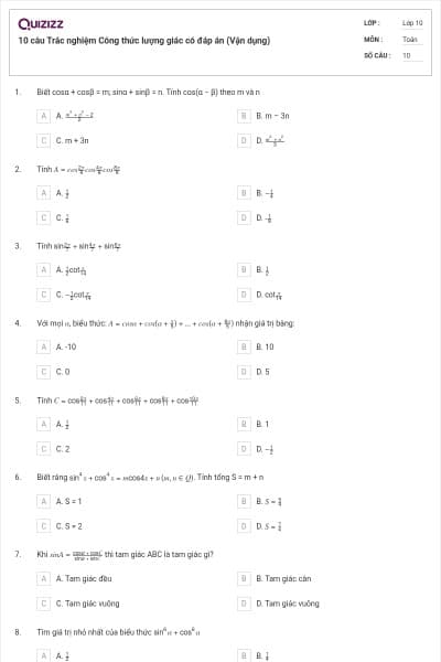 10 câu Trắc nghiệm Công thức lượng giác có đáp án (Vận dụng)