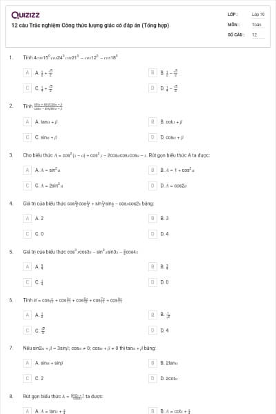 12 câu Trắc nghiệm Công thức lượng giác có đáp án (Tổng hợp)