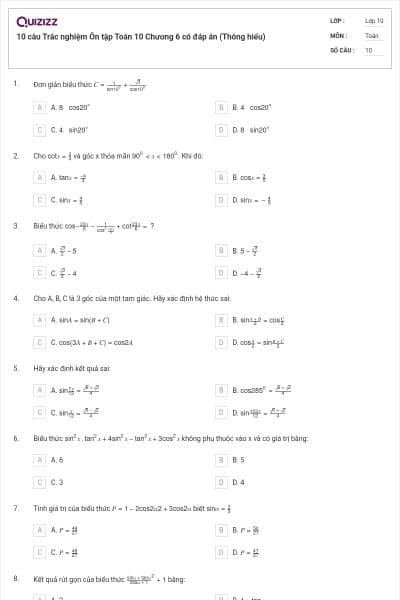 10 câu Trắc nghiệm Ôn tập Toán 10 Chương 6 có đáp án (Thông hiểu)