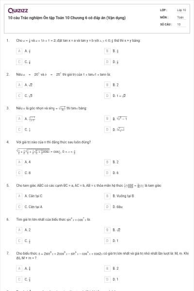 10 câu Trắc nghiệm Ôn tập Toán 10 Chương 6 có đáp án (Vận dụng)