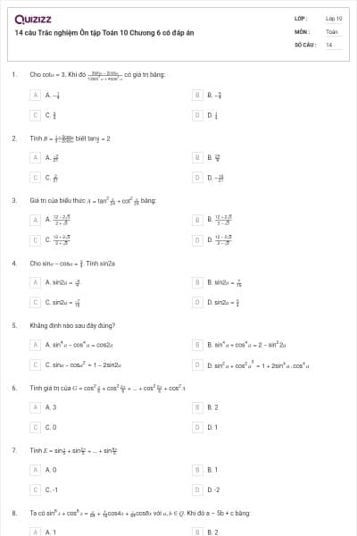 14 câu  Trắc nghiệm Ôn tập Toán 10 Chương 6 có đáp án