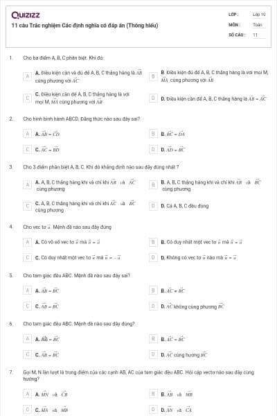 11 câu Trắc nghiệm Các định nghĩa có đáp án (Thông hiểu)