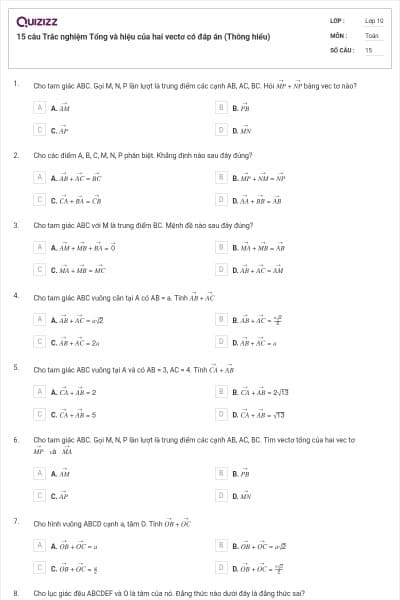 15 câu Trắc nghiệm Tổng và hiệu của hai vectơ có đáp án (Thông hiểu)