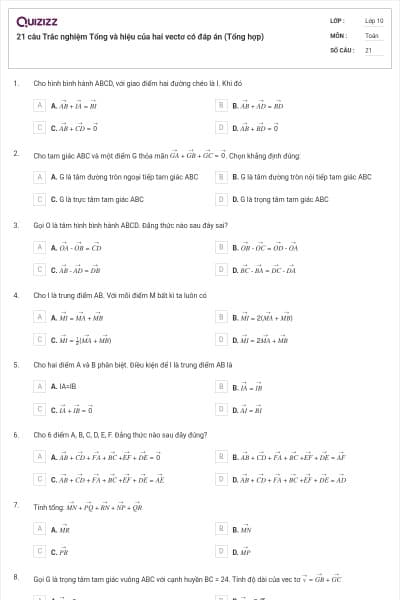 21 câu Trắc nghiệm Tổng và hiệu của hai vectơ có đáp án (Tổng hợp)
