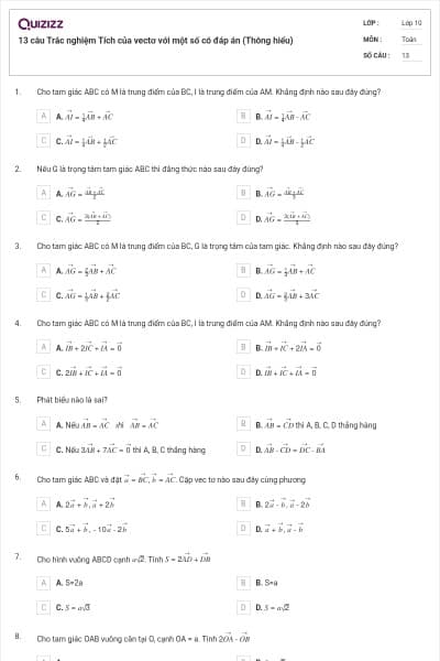 13 câu Trắc nghiệm Tích của vectơ với một số có đáp án (Thông hiểu)