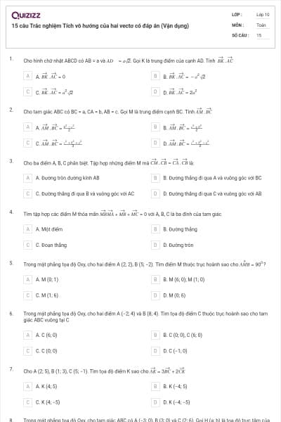 15 câu Trắc nghiệm Tích vô hướng của hai vectơ có đáp án (Vận dụng)