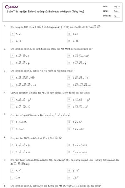 12 câu Trắc nghiệm Tích vô hướng của hai vectơ có đáp án (Tổng hợp)