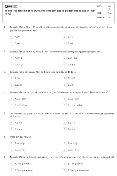 15 câu Trắc nghiệm Các hệ thức lượng trong tam giác và giải tam giác có đáp án (Vận dụng)