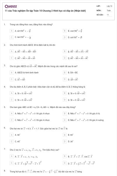 11 câu  Trắc nghiệm Ôn tập Toán 10 Chương 2 Hình học có đáp án (Nhận biết)