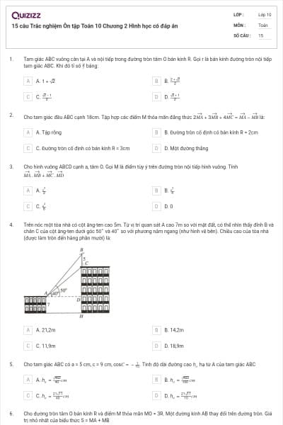 15 câu Trắc nghiệm Ôn tập Toán 10 Chương 2 Hình học có đáp án