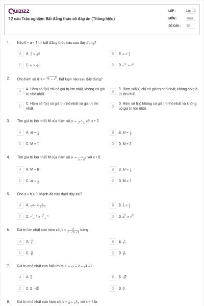 12 câu Trắc nghiệm Bất đẳng thức có đáp án (Thông hiểu)