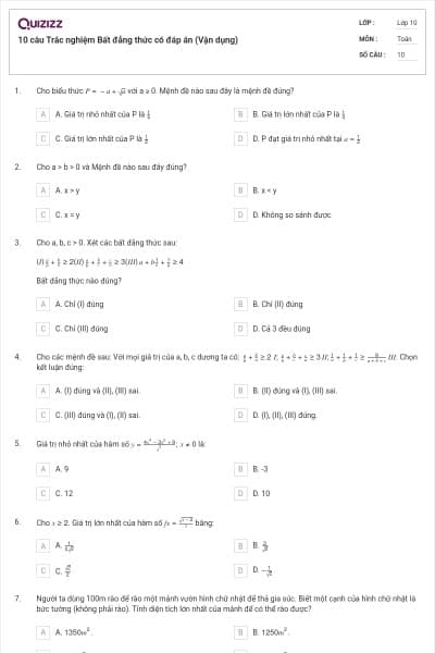 10 câu  Trắc nghiệm Bất đẳng thức có đáp án (Vận dụng)