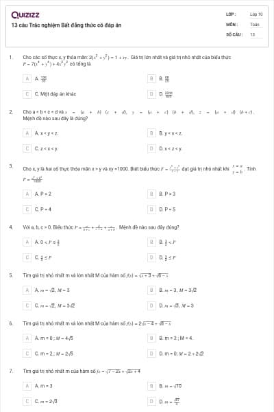 13 câu  Trắc nghiệm Bất đẳng thức có đáp án