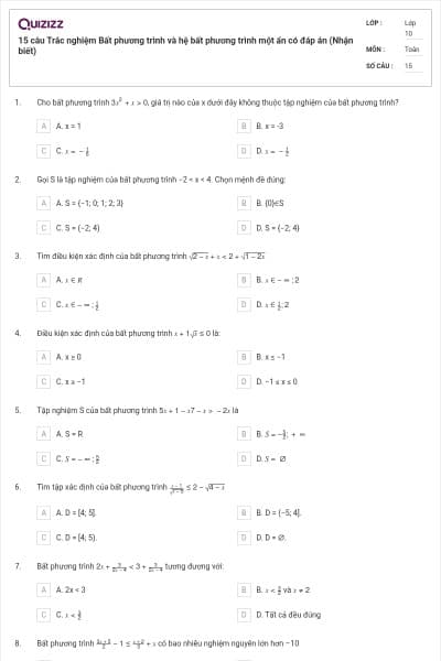 15 câu  Trắc nghiệm Bất phương trình và hệ bất phương trình một ẩn có đáp án (Nhận biết)
