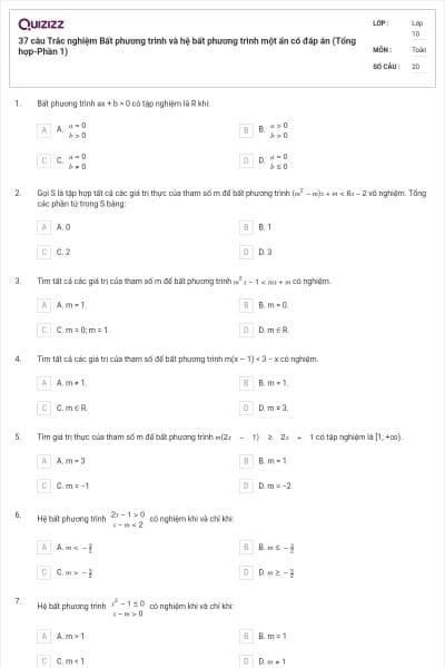 37 câu Trắc nghiệm Bất phương trình và hệ bất phương trình một ẩn có đáp án (Tổng hợp-Phần 1)