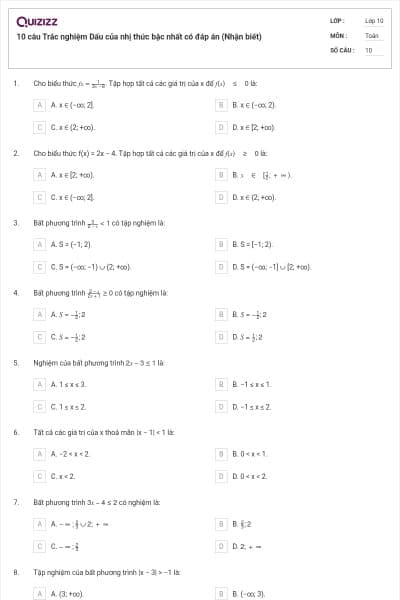 10 câu Trắc nghiệm Dấu của nhị thức bậc nhất có đáp án (Nhận biết)