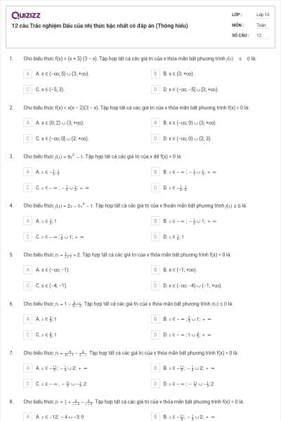12 câu  Trắc nghiệm Dấu của nhị thức bậc nhất có đáp án (Thông hiểu)