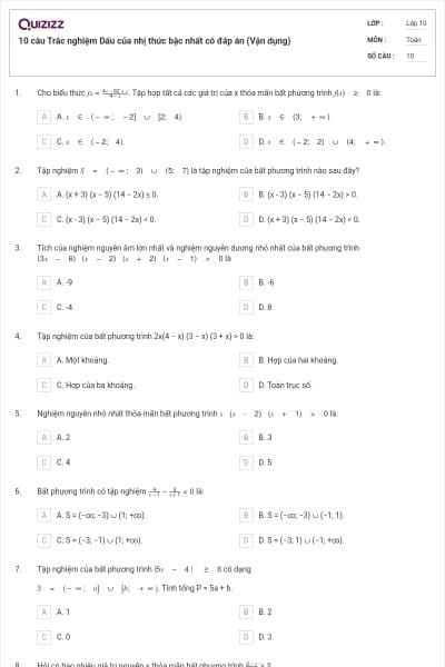 10 câu  Trắc nghiệm Dấu của nhị thức bậc nhất có đáp án (Vận dụng)