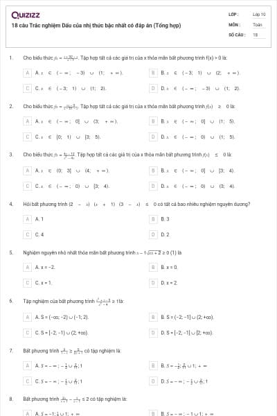 18 câu Trắc nghiệm Dấu của nhị thức bậc nhất có đáp án (Tổng hợp)