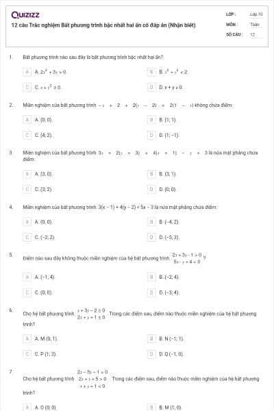 12 câu Trắc nghiệm Bất phương trình bậc nhất hai ẩn có đáp án (Nhận biết)