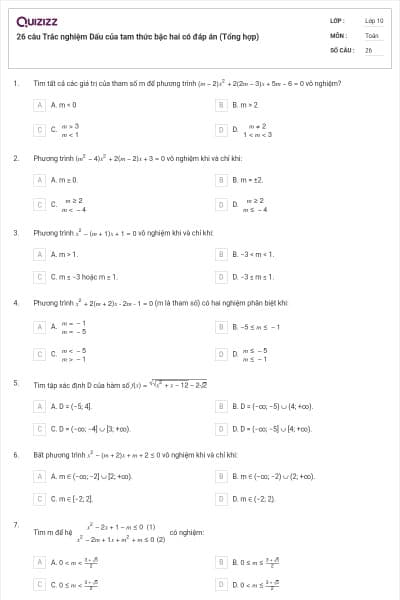 26 câu Trắc nghiệm Dấu của tam thức bậc hai có đáp án (Tổng hợp)