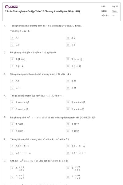 15 câu Trắc nghiệm Ôn tập Toán 10 Chương 4 có đáp án (Nhận biết)