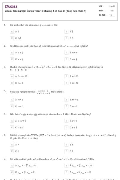 28 câu Trắc nghiệm Ôn tập Toán 10 Chương 4 có đáp án (Tổng hợp-Phần 1)