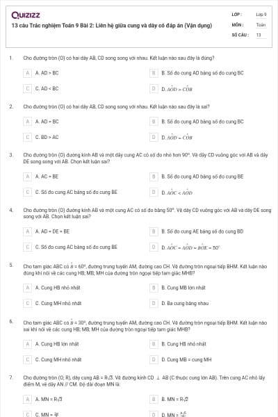 13 câu Trắc nghiệm Toán 9 Bài 2: Liên hệ giữa cung và dây có đáp án (Vận dụng)