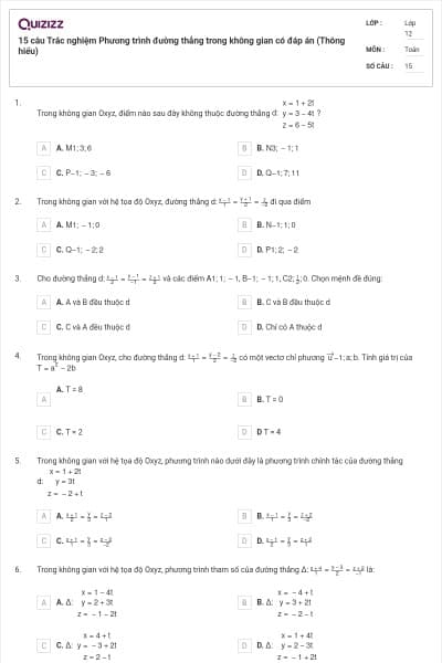 15 câu Trắc nghiệm Phương trình đường thẳng trong không gian có đáp án (Thông hiểu)