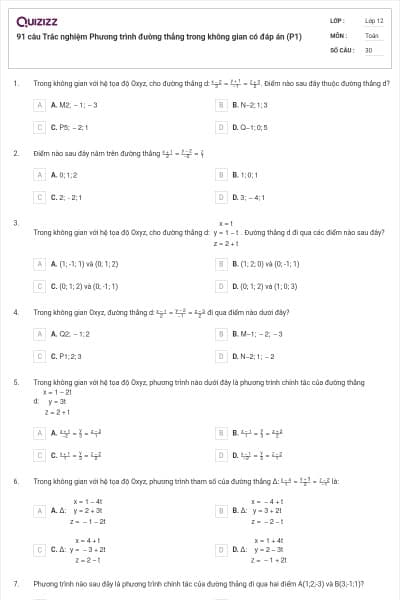 91 câu Trắc nghiệm Phương trình đường thẳng trong không gian có đáp án (P1)