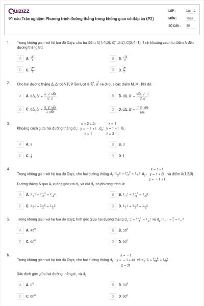 91 câu Trắc nghiệm Phương trình đường thẳng trong không gian có đáp án (P2)