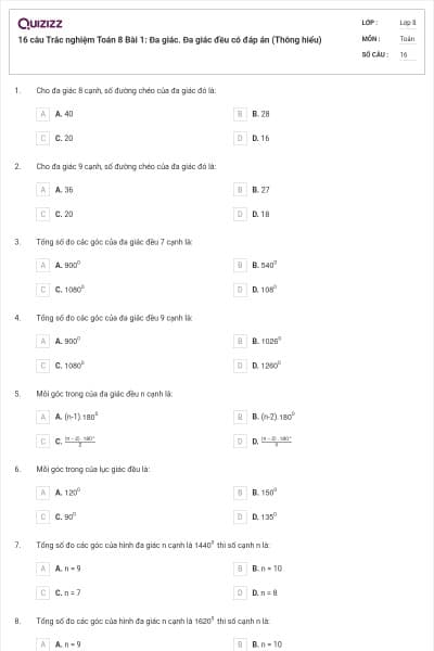 16 câu Trắc nghiệm Toán 8 Bài 1: Đa giác. Đa giác đều có đáp án (Thông hiểu)