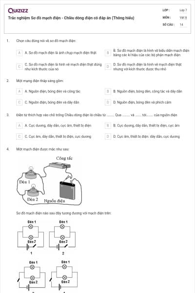 Trắc nghiệm Sơ đồ mạch điện - Chiều dòng điện có đáp án (Thông hiểu)