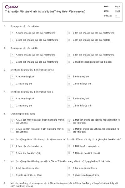 Trắc nghiệm Mắt cận và mắt lão có đáp án (Thông hiểu - Vận dụng cao)