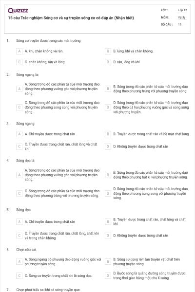 15 câu Trắc nghiệm Sóng cơ và sự truyền sóng cơ có đáp án (Nhận biết)