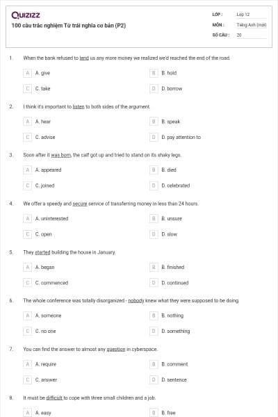 100 câu trắc nghiệm Từ trái nghĩa cơ bản (P2)