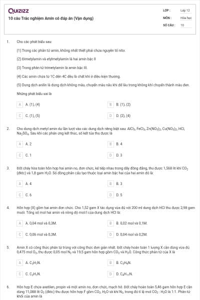 10 câu Trắc nghiệm Amin có đáp án (Vận dụng)