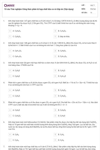 10 câu  Trắc nghiệm Công thức phân tử hợp chất hữu cơ có đáp án (Vận dụng)